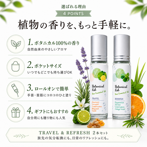 Botanical lab ロールオンアロマ 2本セット トラベル＆リフレッシュ 10g×2本 持ち運び ロールオンパフューム ボタニカル100％ アロマオイル ポケットサイズ 気分転換 リフレッシュ 旅行 ギフト