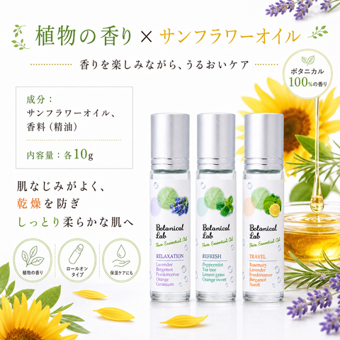 Botanical lab ロールオンアロマ パフューム 3本セット リラクゼーション トラベル リフレッシュ | ボタニカル100% 香りのロールオンアロマ | ポケットサイズ 携帯用 アロマオイル | 気分転換 リラックス リフレッシュに