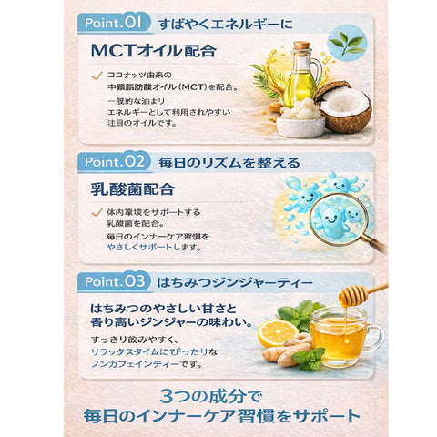 MCT×乳酸菌 はちみつジンジャーティー インナービューティー 腸活リセット 巡り整う　飲むだけで内側から整う、温活×腸活の新習慣