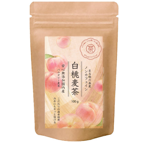 パウダリー白桃麦茶：果汁あふれる新鮮な白桃を思わせる甘くみずみずしい香りを、上質な粉末六条麦茶にまとわせました。爽やかな味わいは、夏のティータイムにおすすめです。水出し ミネラル豊富 ノンカフェイン