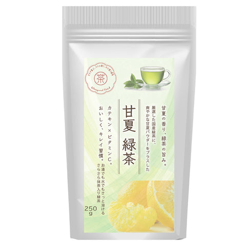 甘夏緑茶　パウダリーインスタントティー 「さらりと溶けるおもてなし煎茶」甘夏みかんの甘酸っぱい香りが、麦茶の風味を豊かに彩ります。 カテキン、テアニン、ビタミンC、たっぷり 抹茶入り緑茶